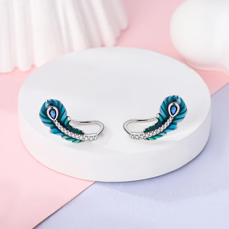 925 Sterling Silver Earrings Women Blue and Green Color Feather Hoop Earring For Anniversary Wedding Jewelry Gifts