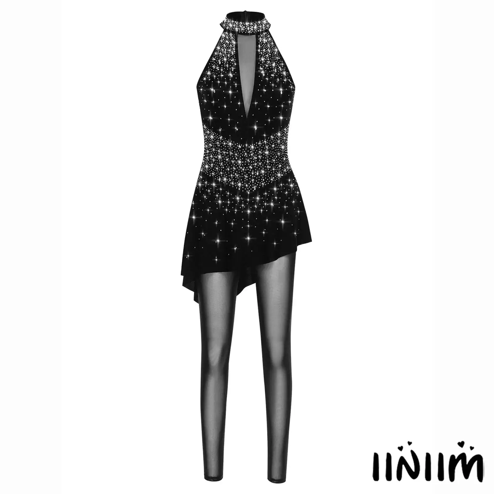 

Women Elegant Figure Skating Jumpsuit Sheer Mesh Panels And Rhinestone Details Gymnastics Bodysuit for Ballet Latin Dance Show