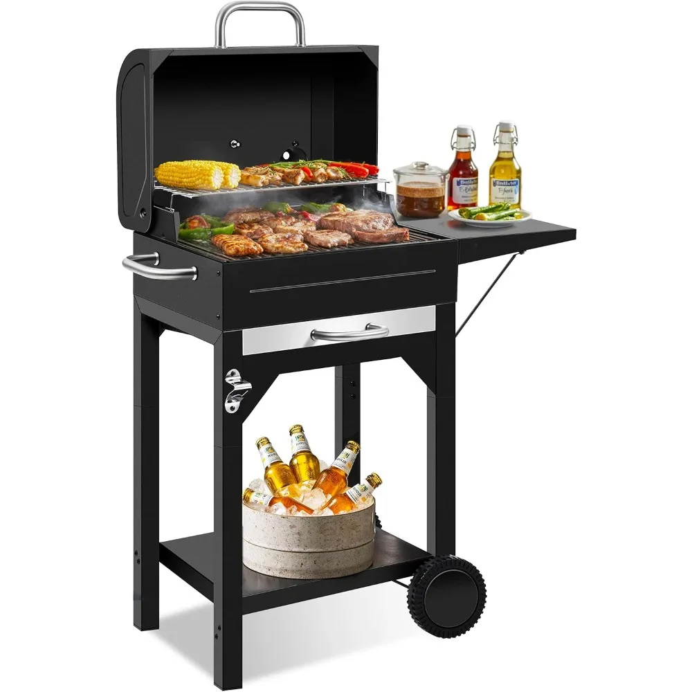 

Double-Layered Heavy-Duty Steel Outdoor BBQ Grill with Side Table, Grease Tray, and Thermometer