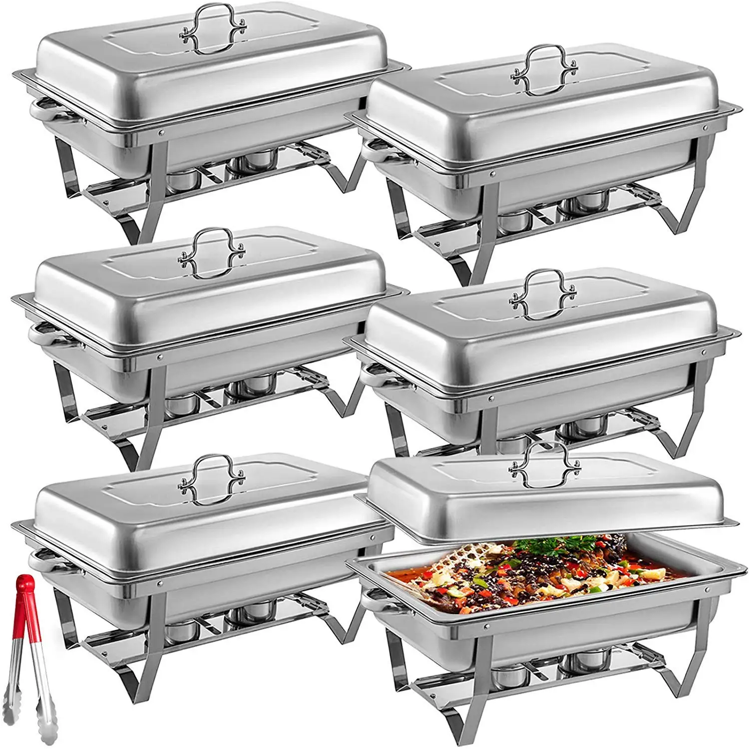 6 Packs Stainless Steel Chafing Dishes 8 Quart Full Size Pan Rectangular Chafer Complete Set & Gas One 12 Pack 6 Hour Chafing