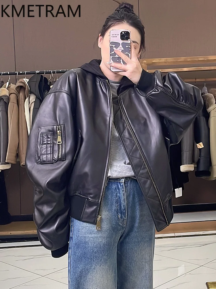 100 % Oberschicht-Schaffelljacke für Damen, schwarz, lockere Echtlederjacken mit Kapuze, neu in Oberbekleidung, Herbstkleidung, 2025 Diegoка