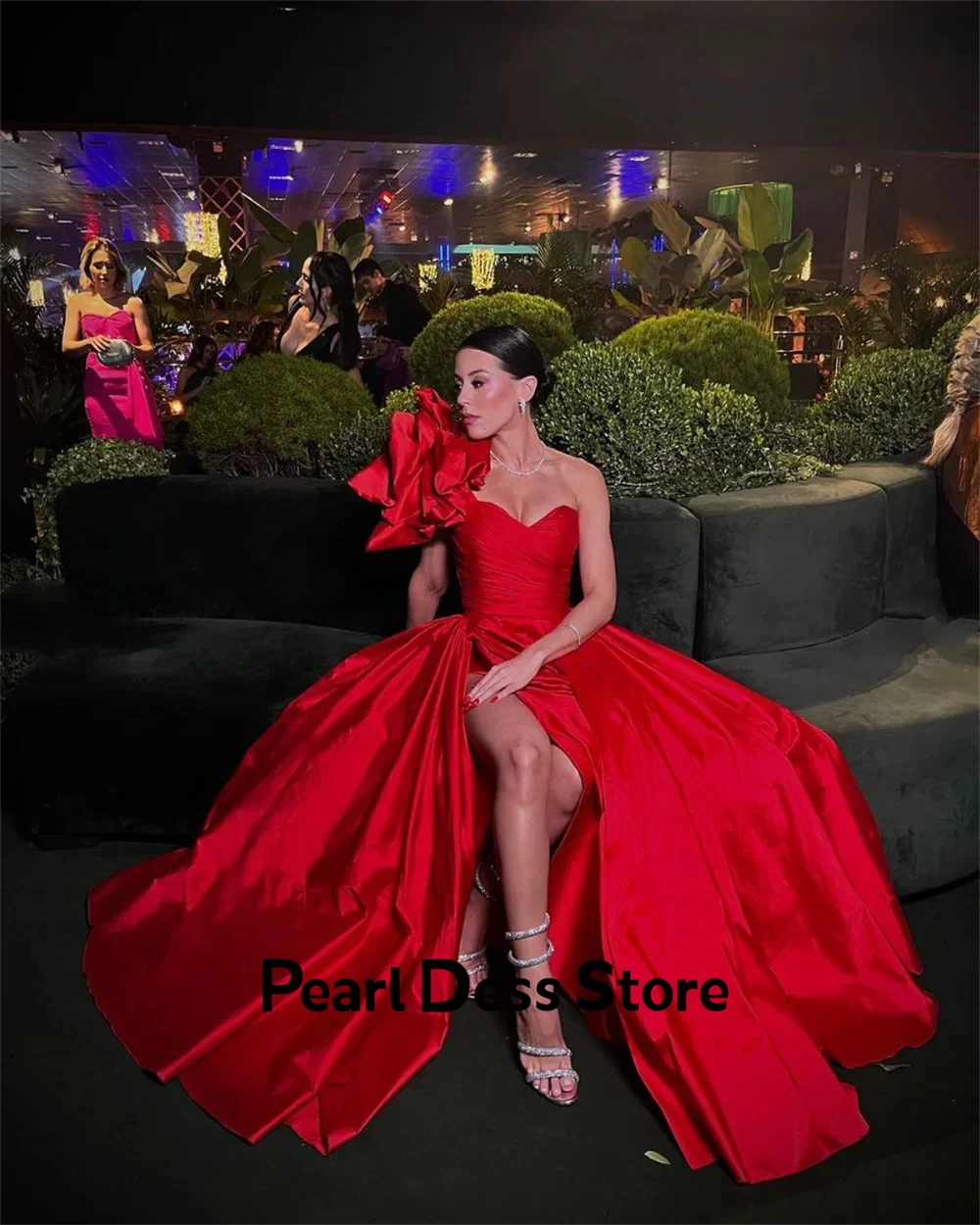 Red Elegant Guest Wedding Dress Women Elegant Party Pearl Women\'s Evening Dress Woman Side Slit One Shoulder Dresses Gala Satin