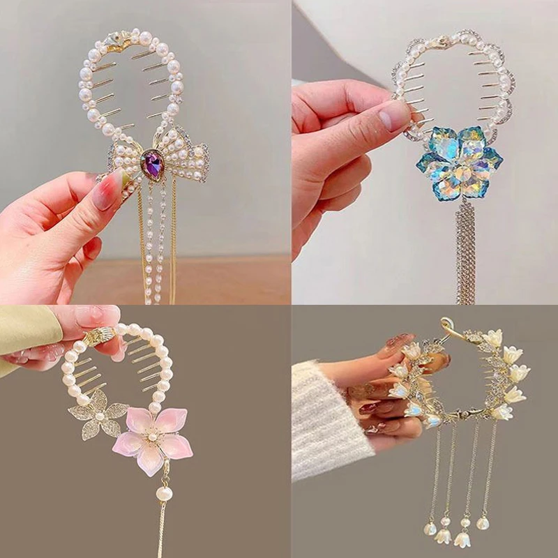 Pinza para el pelo con borla elegante para mujer y niña, horquilla con diamantes de imitación, perlas, flores, soporte para cola de caballo,