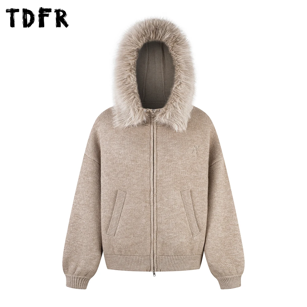 

Свитер с капюшоном и вышивкой, мужской съемный меховой воротник, осень-зима, ретро, повседневный свободный вязаный кардиган с длинными рукавами, мужской