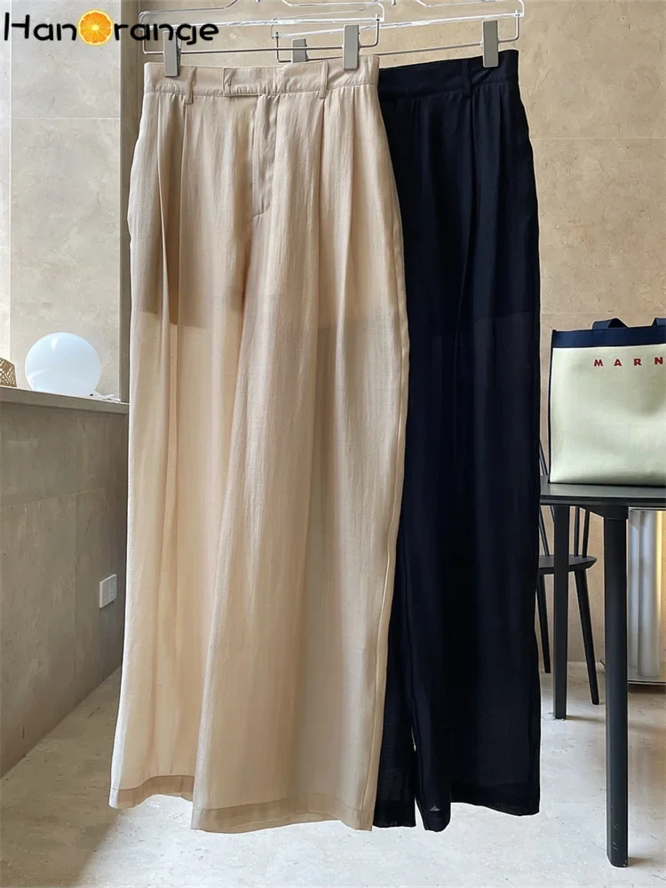 HanOrange 2026 Summer Slightly Transparent Glossy Casual Pants Women High Waist Wide Leg Loose Thin Sunscreen Mopping Trousers
