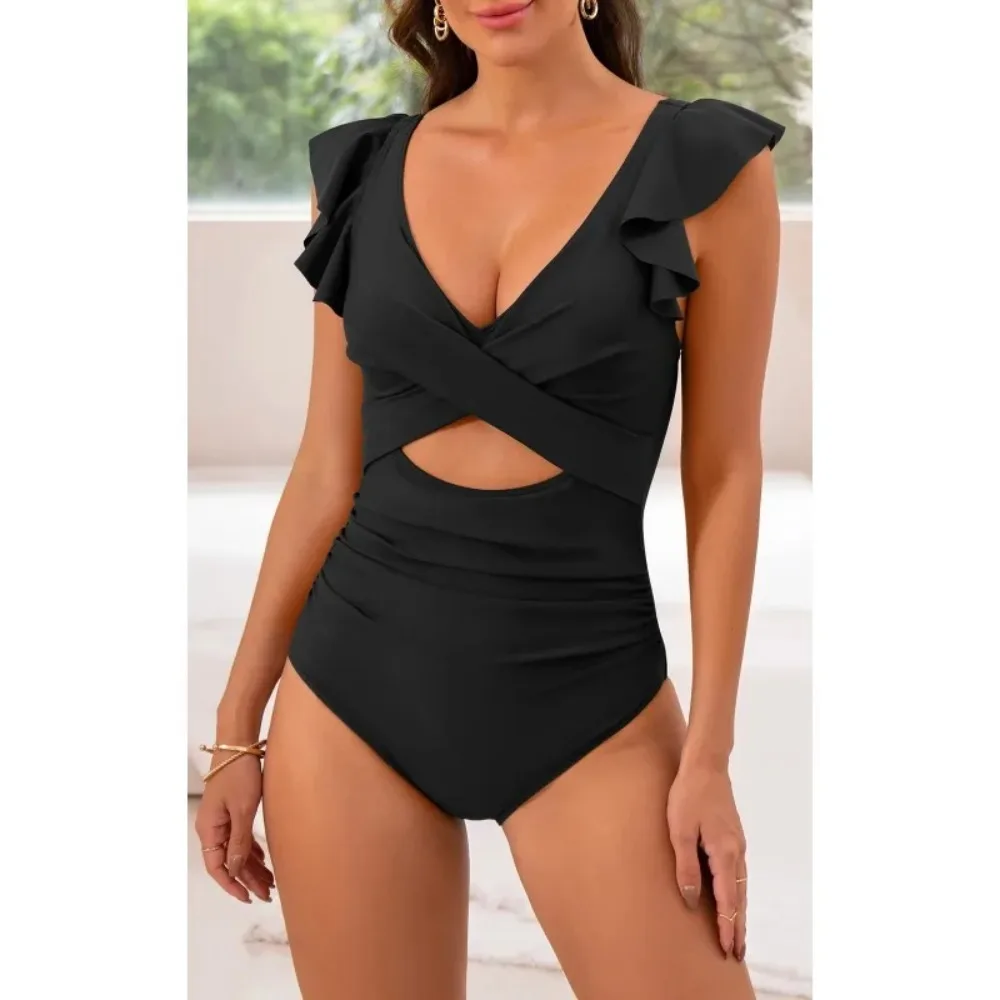 Costume da bagno intero da donna 2025 Vneck Wrap Cross Front Ruffle Ritaglio Pancia Controllo Costume da bagno dimagrante Vacanza al mare Clubwear