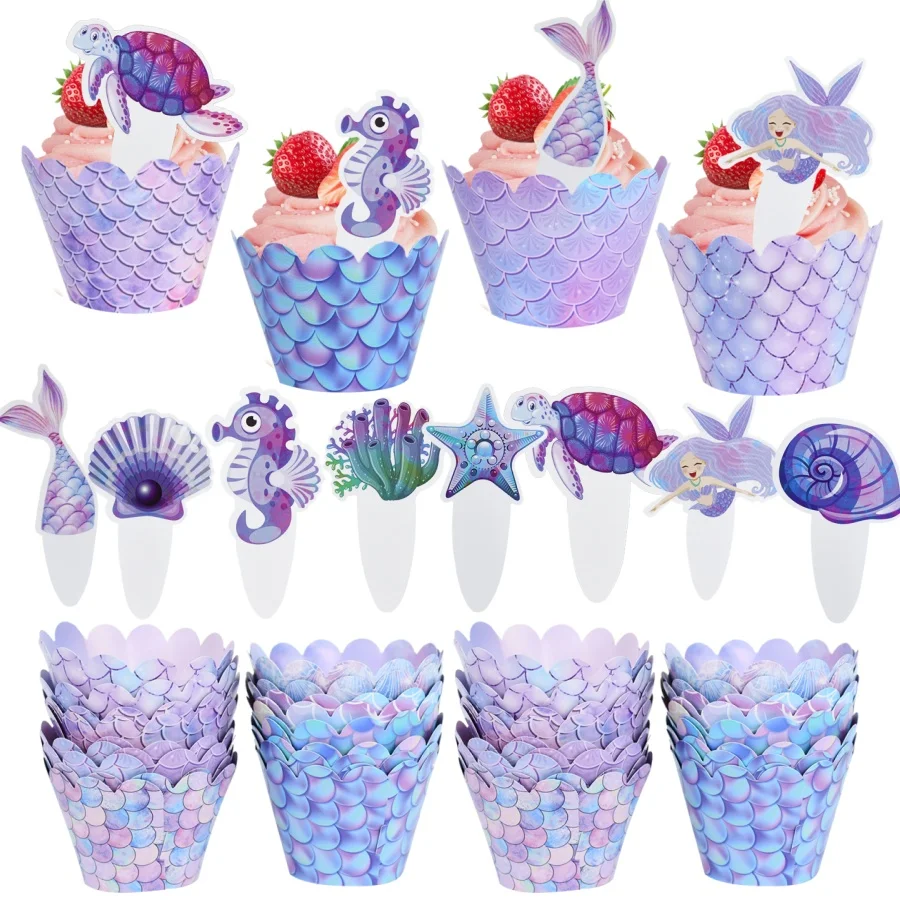 32pcs/set Mermaid Party Cupcake Decoration Ocean Muffin Cake Wrapper Under The Sea Star Shell Birhtday Party Baking Decor Supply