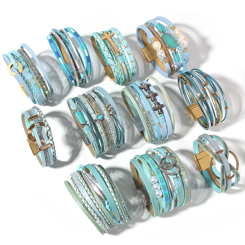 ALLYES Boho Multilayer Wrap Blue Leather Bracelets for Women Men Trendy Pearl Heart Feather Cross Bracelet Bangle Jewelry Gifts