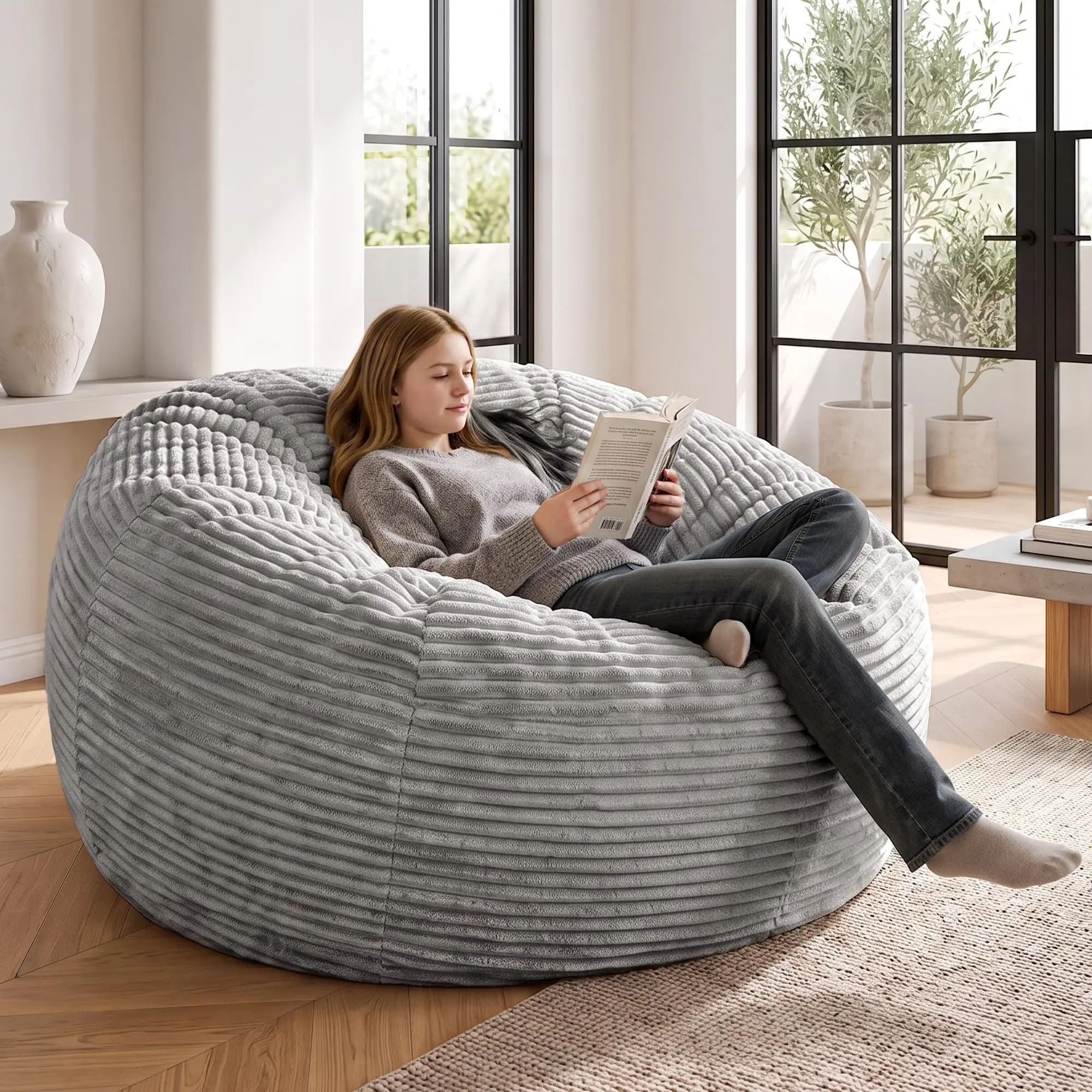 5FT Bean Bag Chair for Adults, Giant Beanbag with Shredded Memory Foam Filling, Premium Corduroy Cover Oversized Floor