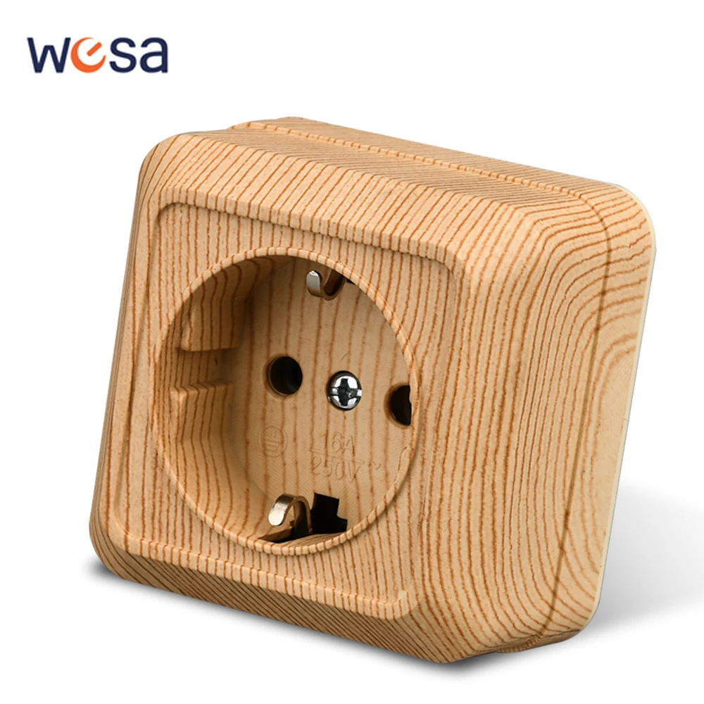 WESA Wood Wall Surface Socket Plug EU Electrical Outlets Ground Imitation Wooden Outdoor Power Socket Flame Retardant Plastic