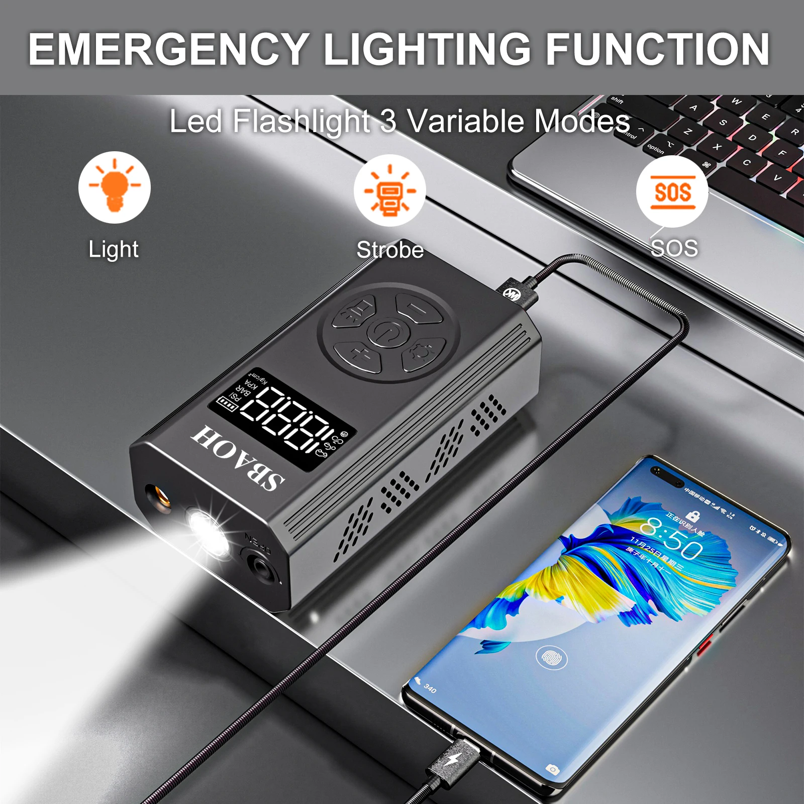 Bandenpomp Draagbare luchtcompressor, 150PSI luchtpomp voor autobanden met manometer / 5000mAh batterij en LED-licht