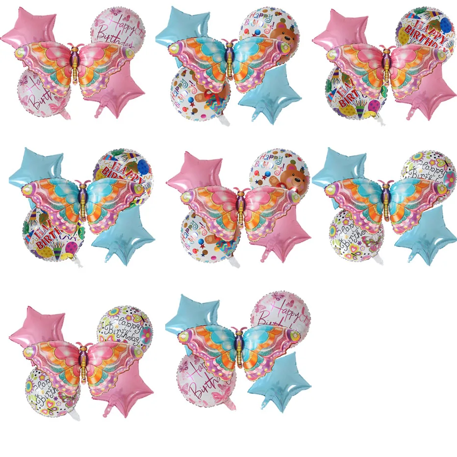 5 Pcs Big Butterfly Birth Day Balloons Set Bow Air Globos Home Birthday Wedding Decorations Baby Shower Supplies Kids Toys Gifts