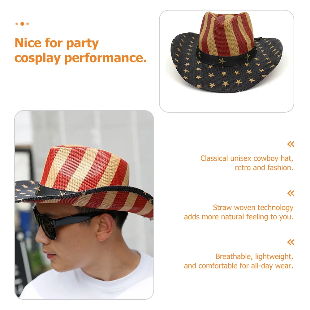 Western Cowboy Hat Sun Usa Hats for Men Straw Independence Day Flag Multi-functional