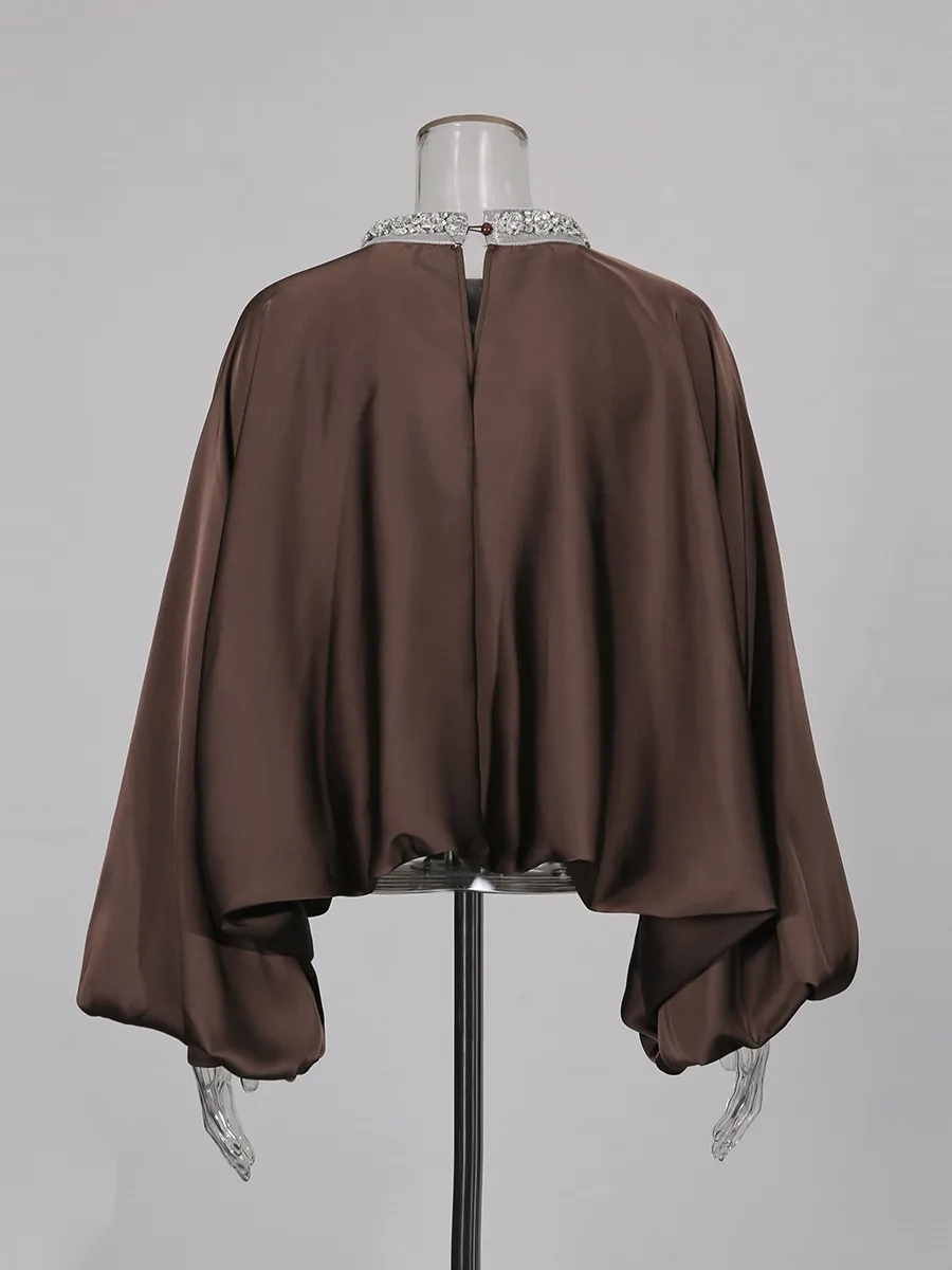 TWOTWINSTYLE Solido Allentato Impiombato Diamanti Camicette Eleganti per Le Donne O Collo Maniche Lunghe Camicetta Vintage Abbigliamento Moda Femminile