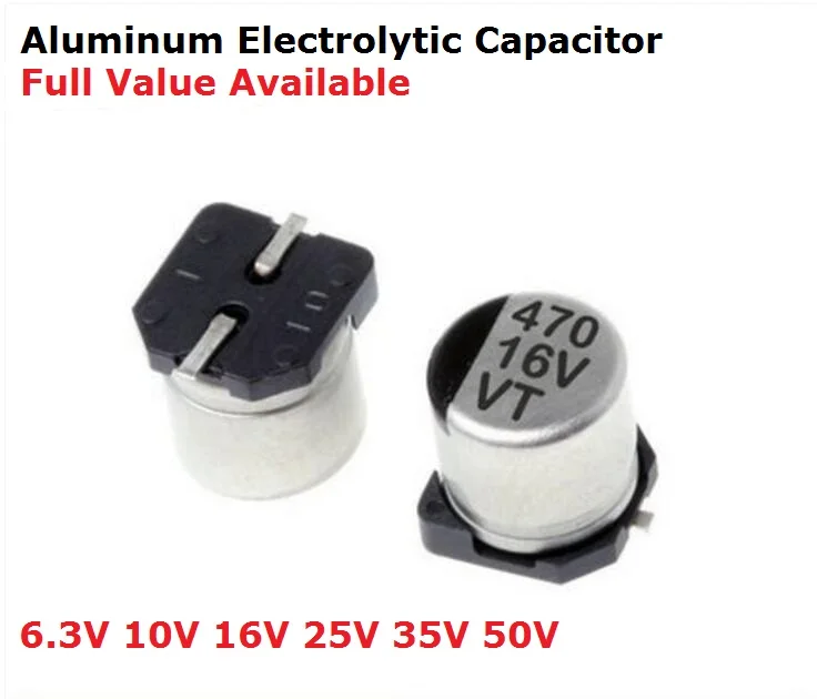 10pc 0.33UF 0.47UF 1UF 2.2UF 3.3UF 4.7 10UF 22UF 33UF 47UF 100UF 220UF 470UF 50V 6.3V 1000UF SMD Aluminum Electrolytic Capacitor