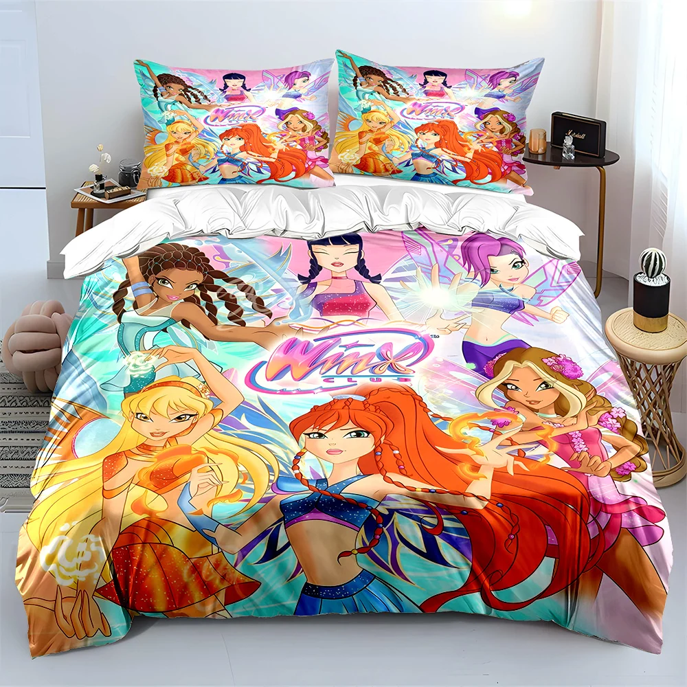 Beautiful Girls W-winx Cartoon Pattern Duvet Cover Set Digital Print Colorful Polyester Bedding with Zipper Closur for Kids Gift