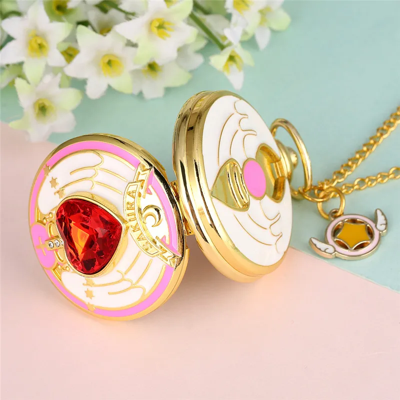 Mode Japan Anime Ontwerp Dames Quartz Analoog Zakhorloge Rood Kristal Hart Design Lange Trui Ketting Souvenir Cadeau Klok