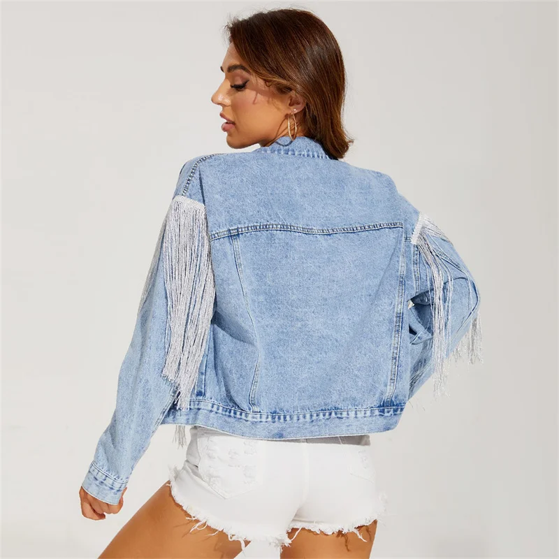 Mode Quaste Spleißen Jeans jacke Damen Revers Langarm Einreiher Strickjacke Kurz mantel Damen lässig blaue Oberbekleidung