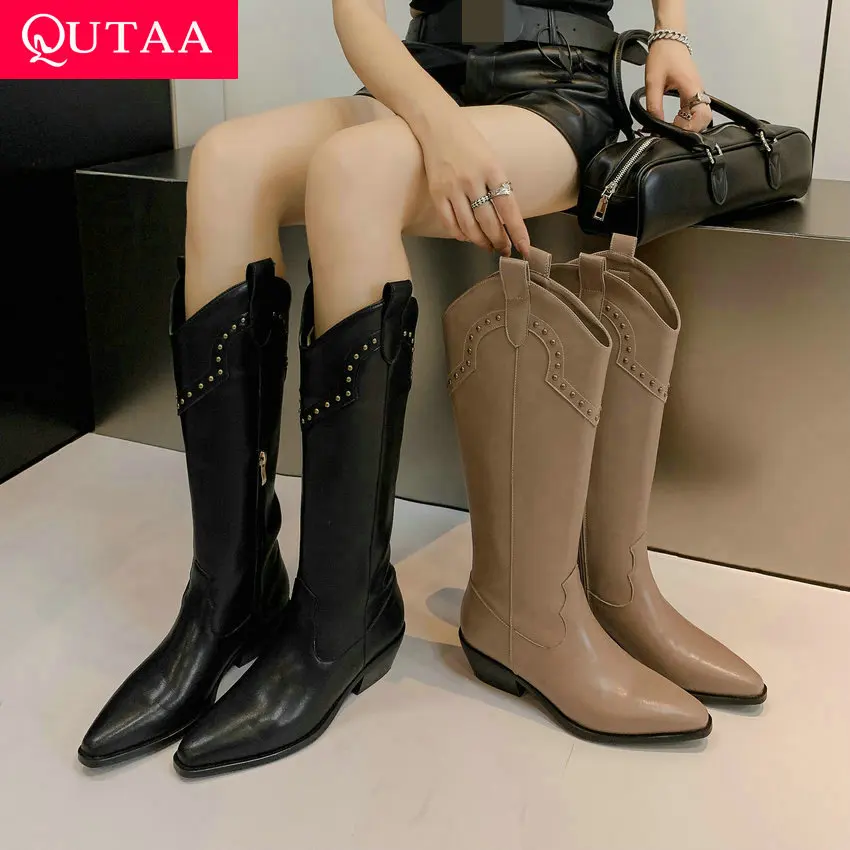 

QUTAA 2024 Genuine Leather Women Knee High Boots Autumn Winter Square Med Heel Pointed Toe Party Lady Shoes Woman Size 34-42