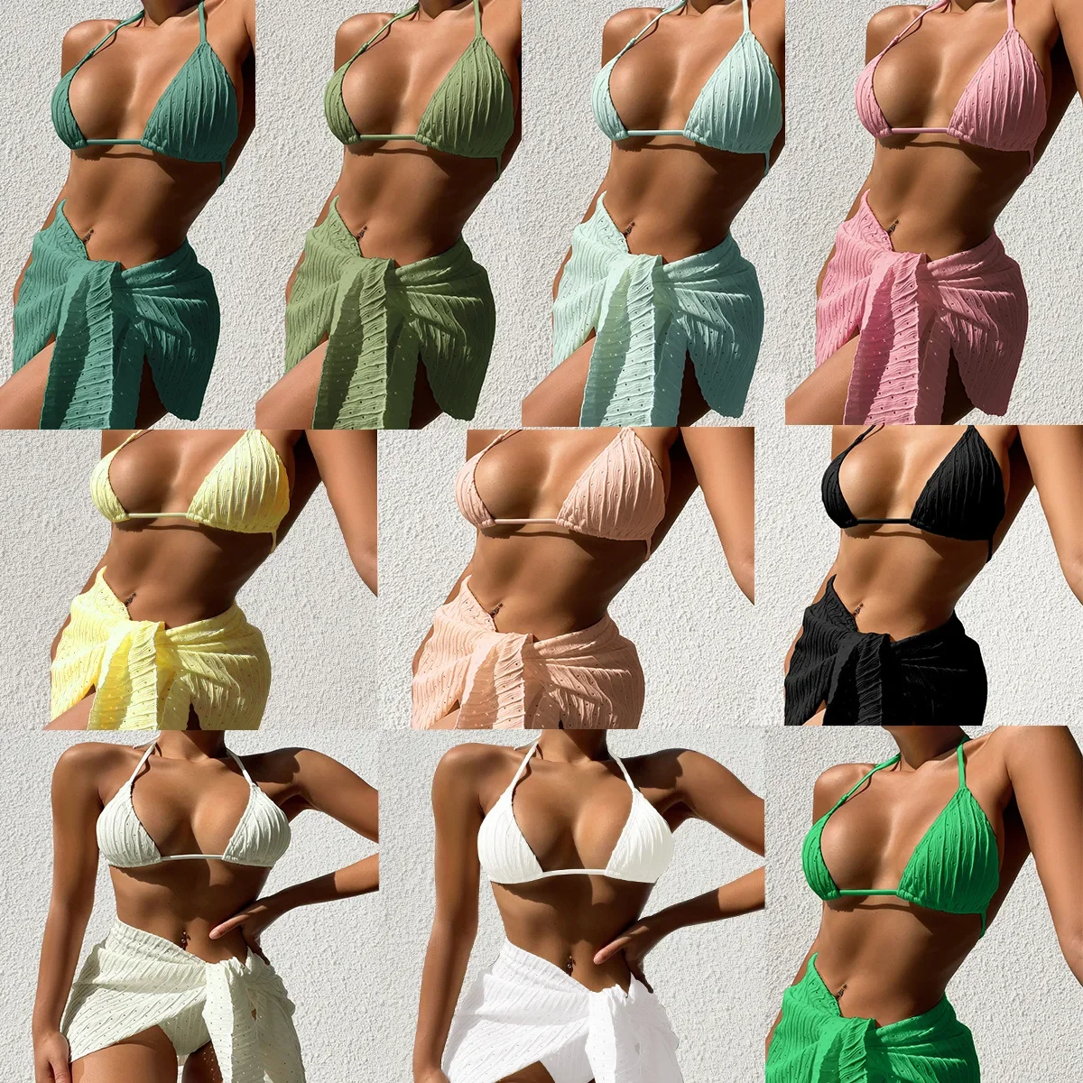 2023 Sexy White Halter 3PCS Tied Skirt Bikini Set Women High Waist Cut Swimsuit Female Push UP Swimwear Backless Bathing Suit