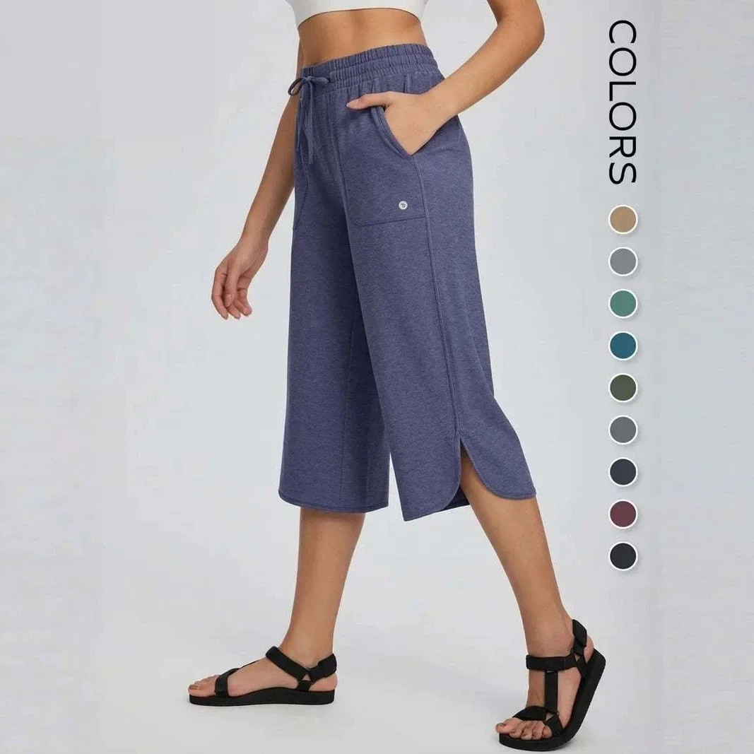 Women Wide Leg Capri Pants with Pockets Lightweight Loose Fit Drawstring Waist Cropped Trousers Side Slit Casual Solid Color