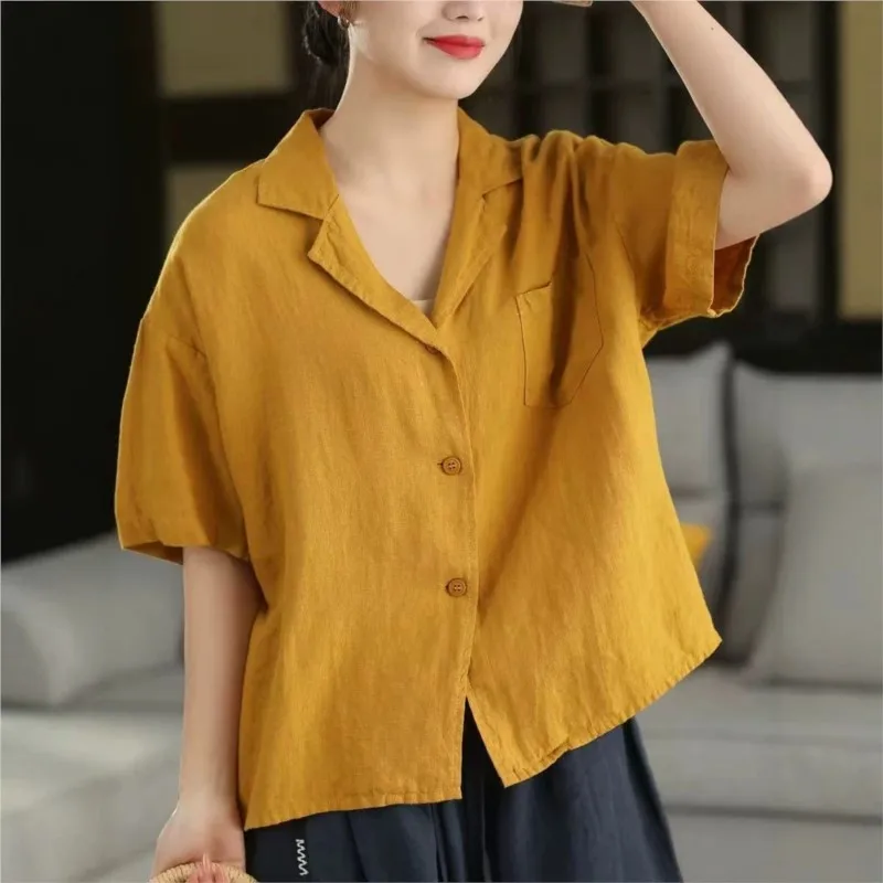 Johnature Women Vintage Linen Shirts And Tops 2026 Summer New Chinese Style Solid Color Short Sleeve Button Female Blouses