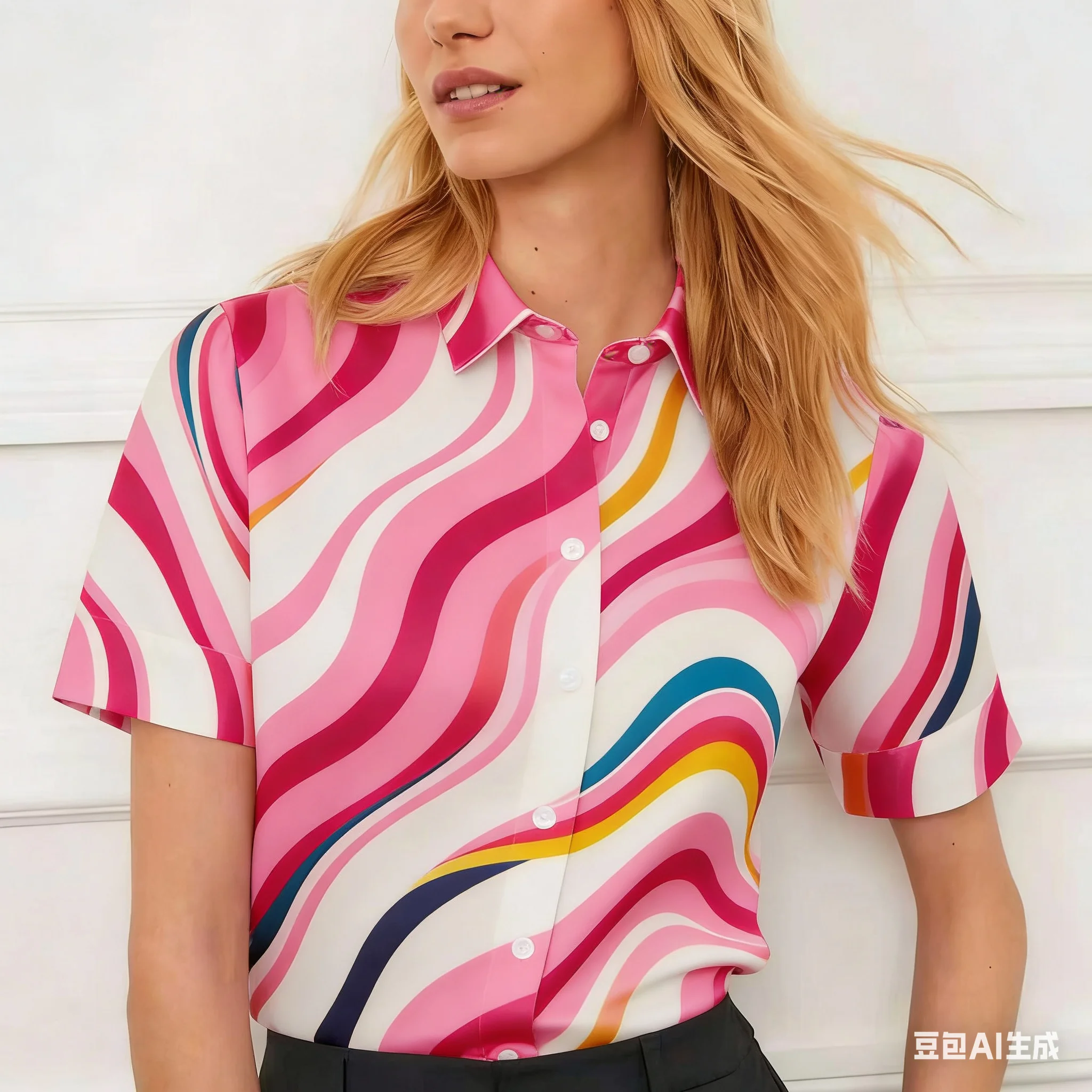 

women's Rainbow wave stripes Print short sleeve shirt Summer Tops Ladies Blouses