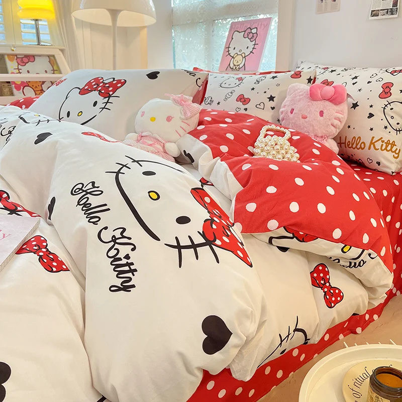 Kawaii Cartoon Hellokitty Cat Cotton Four-Piece Set Cotton Cartoon Girl'S Heart Sheet Quilt Cover Bed Hat Three-Piece Set Gift