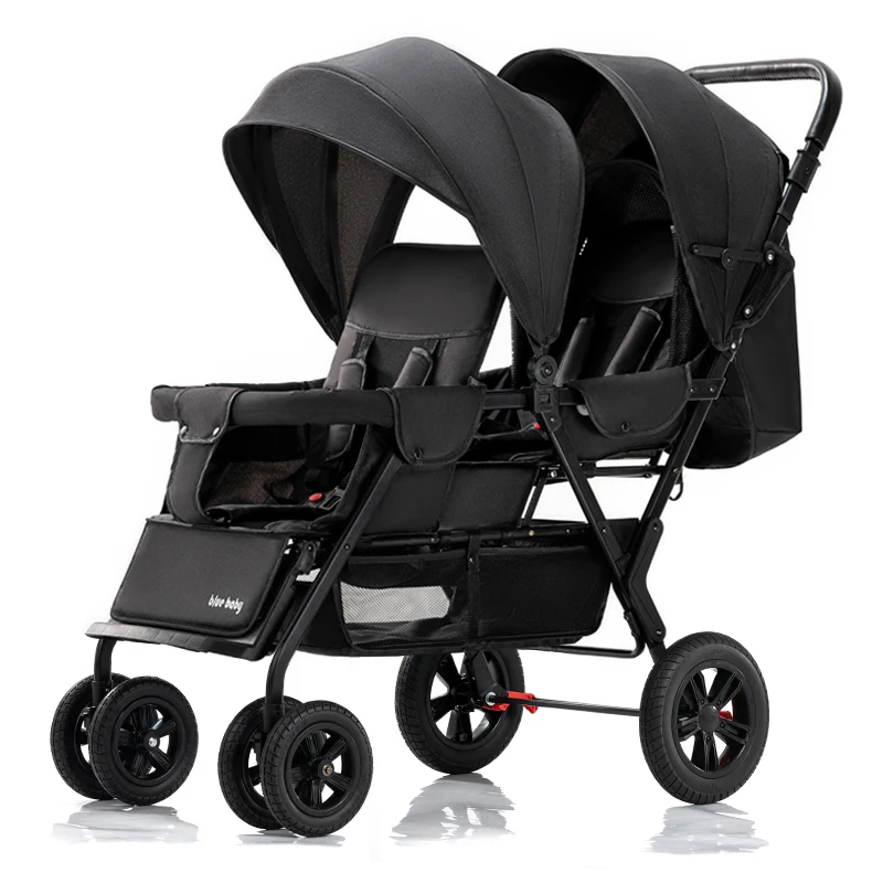 The twin baby strollers sit in front and back, and the double folding double seat can be reclined