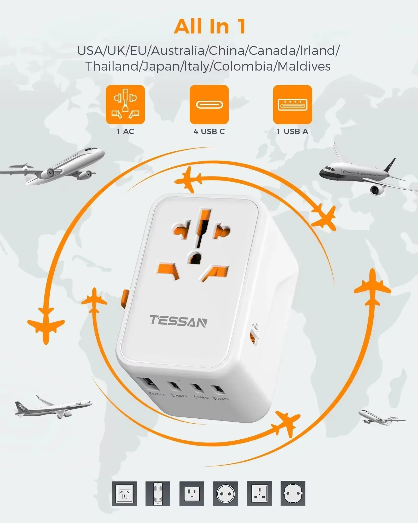 TESSAN Travel Adapter Universal Socket with USB Type C Fast Charging Power Adapter EU/UK/USA/AUS Plug Adapter Gan Travel Charger