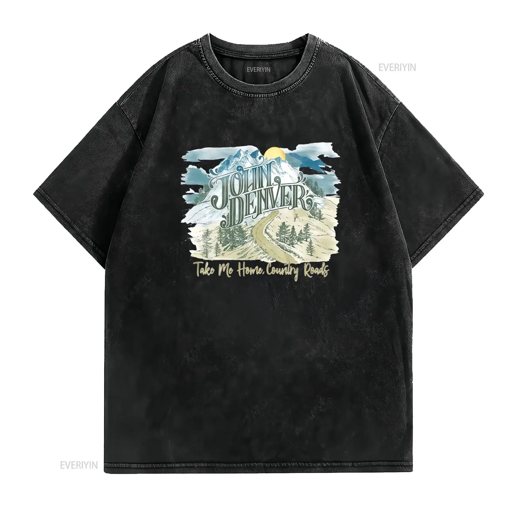 Vintage Retro John Denver Country Music Take Me Home Roads Mountain Landscape Print Casual T Shirt vintage Washed
