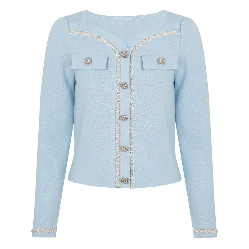 

Elegant High-Quality Knitted Long-Sleeve Fashion Top Open Cardigan Outerwear Glittering Rivet Design European Style Women's K...