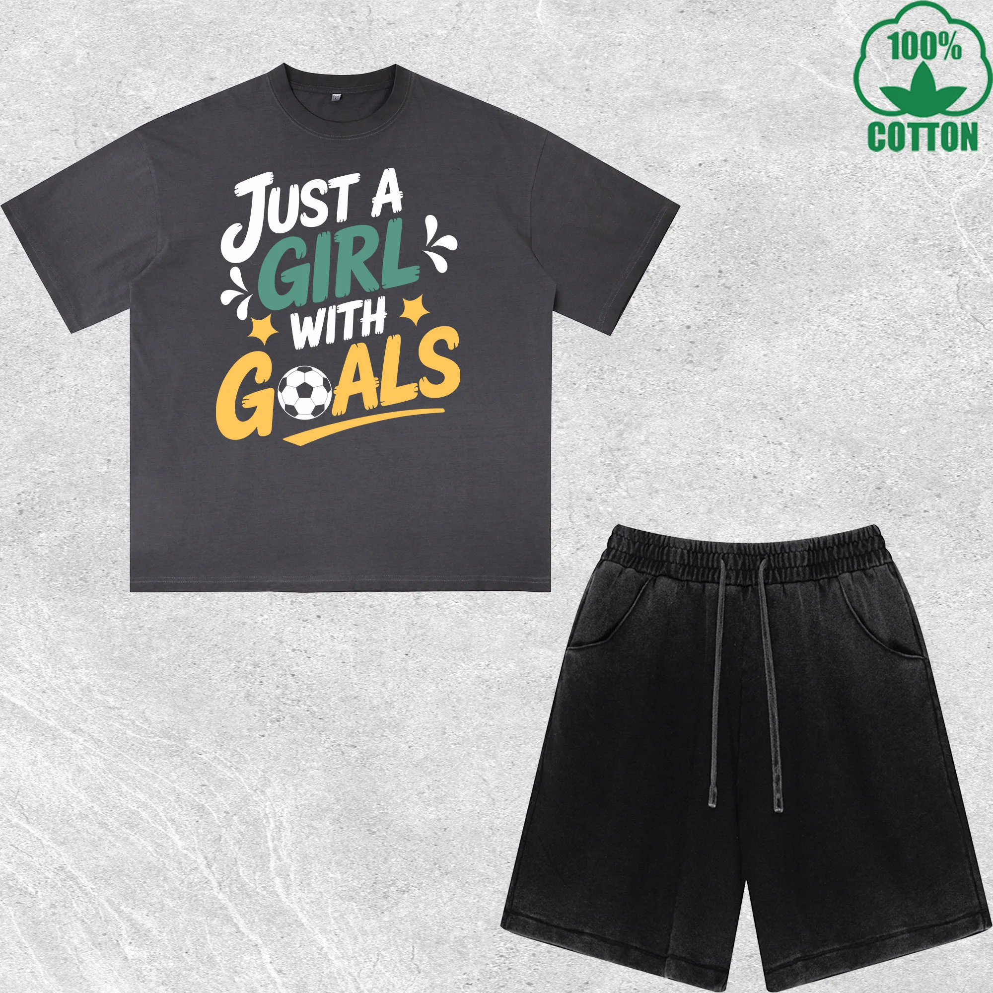 

Girl with Goals Printed Dirty Wash T-Shirt Shorts Set Multicolor Combo Loose Trendy Fashionable 100%Cotton