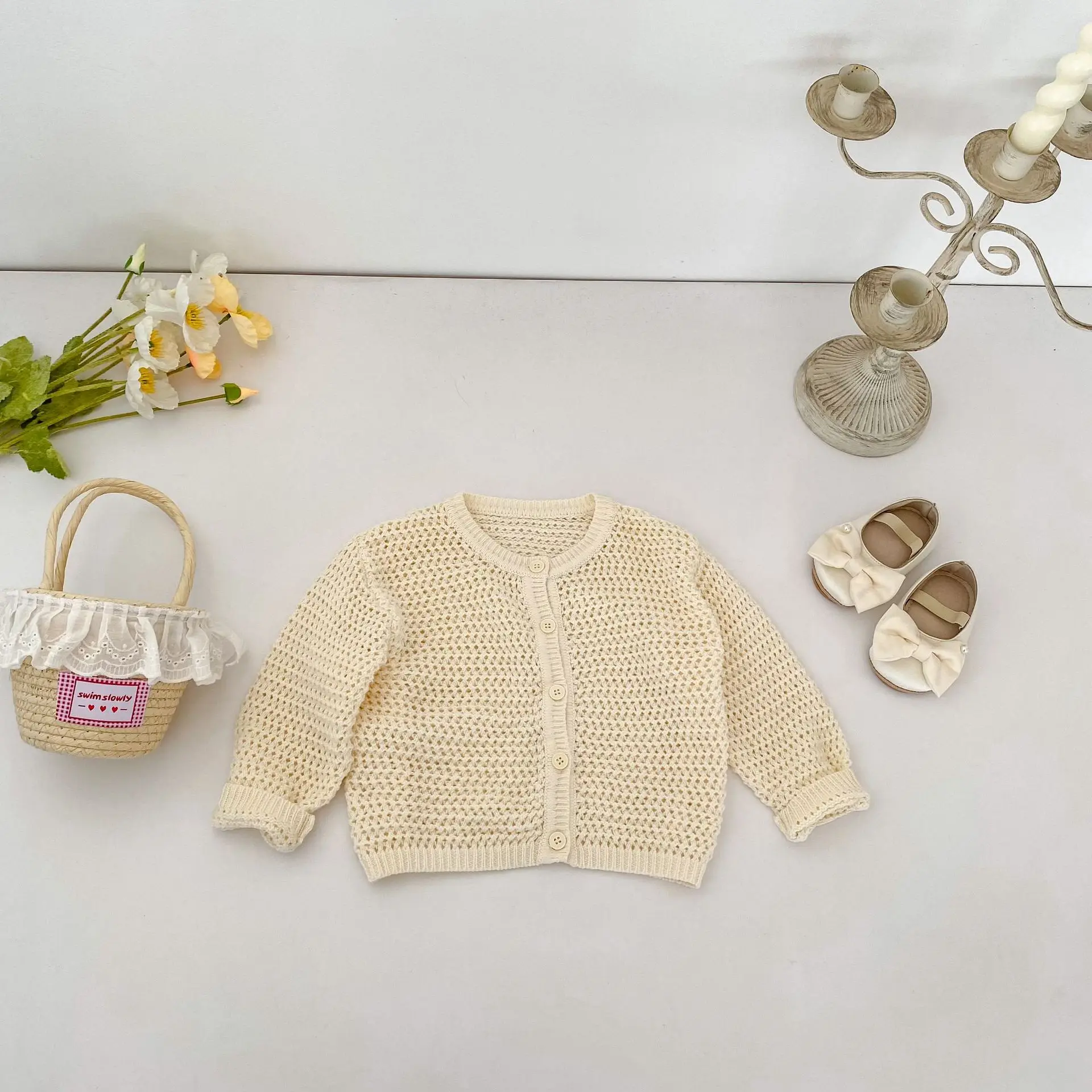 Autumn new fashionable simple hollow round neck loose knit cardigan