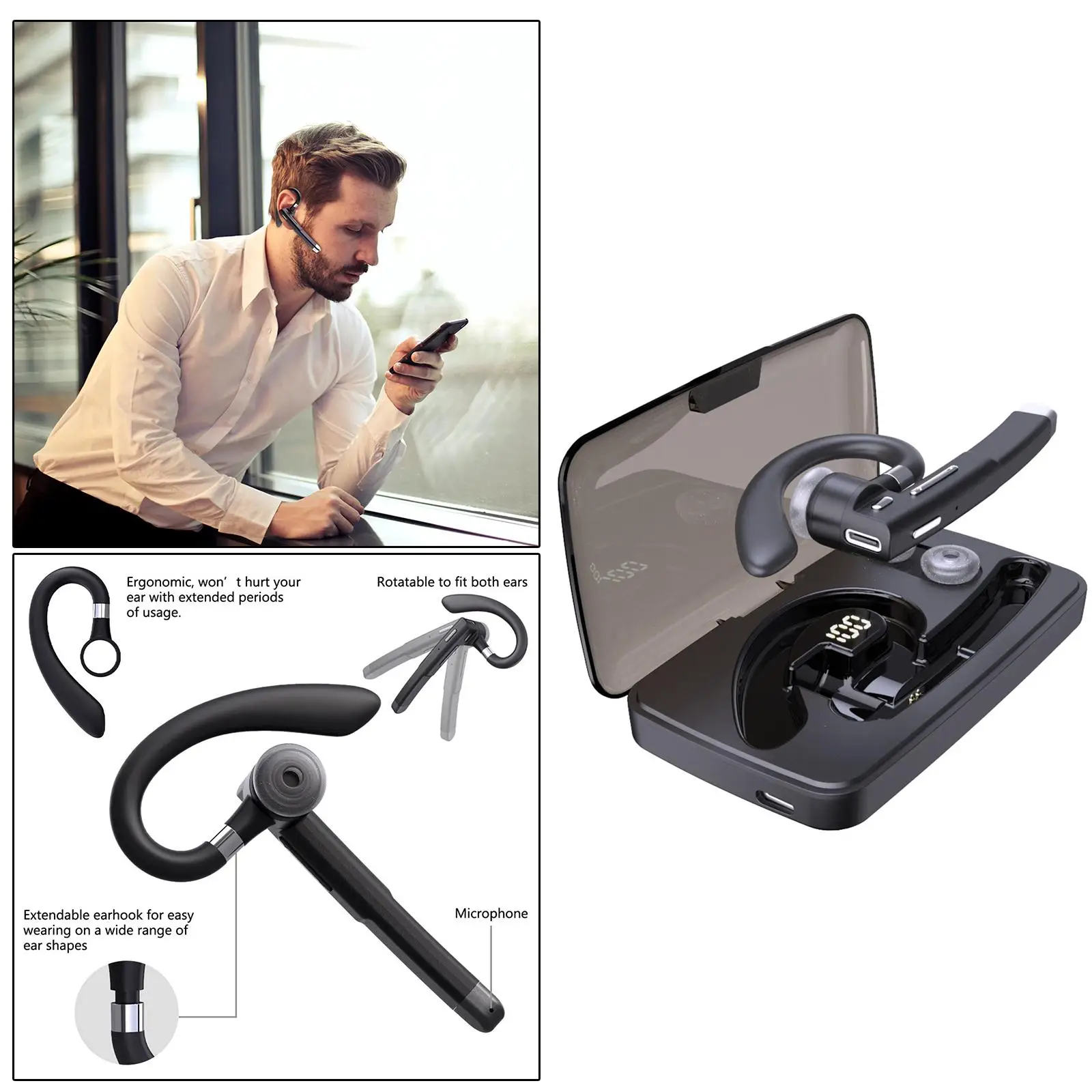 Wireless Bluetooth Headset Headphones Earpiece for Driving/Office/Business