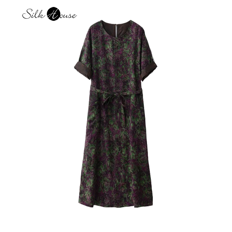 

Autumn Women's Clothing 100% Natural Mulberry Silk Fragrant Cloud Yarn Jacquard Round Neck Open Thread Half Sleeved A-line Dress