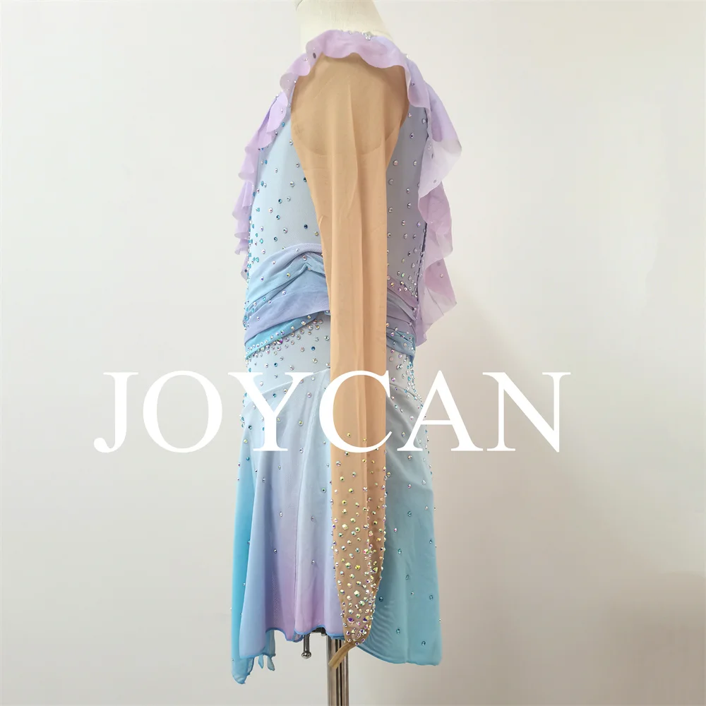 فستان JoyCan للتزلج على الجليد للفتيات باللون الأزرق الفاتح والوردي من ألياف لدنة قابلة للتمدد ملابس رقص مخصصة