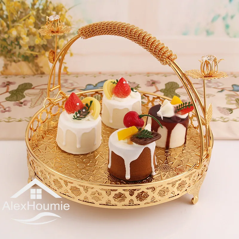 Fruit Tray Round StorageBasket Tray with Bread  Fruit Cake Food Plate Serving Tray for Home Gold Vintage Fruit Plate Pastry