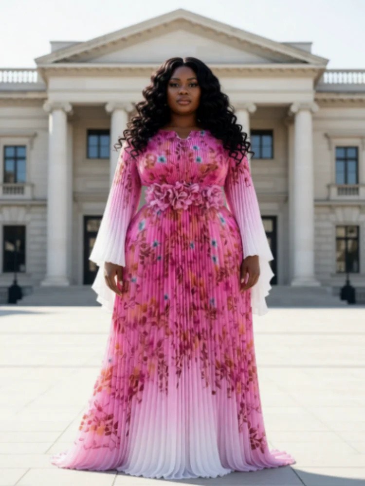 Miyake Pleated 2025 Women's Dress with A High-end Feel, Mesh Printed Evening Dress, Long Sleeved Waist Cinched Pleated Skirt