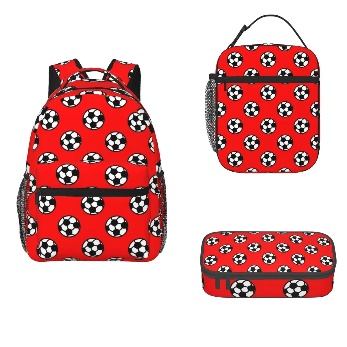 Soccer Ball With Red Background Pattern Backpacks Boys Bookbag Children School Bags Rucksack Lunch Bag Pen Bag Three-Piece Set