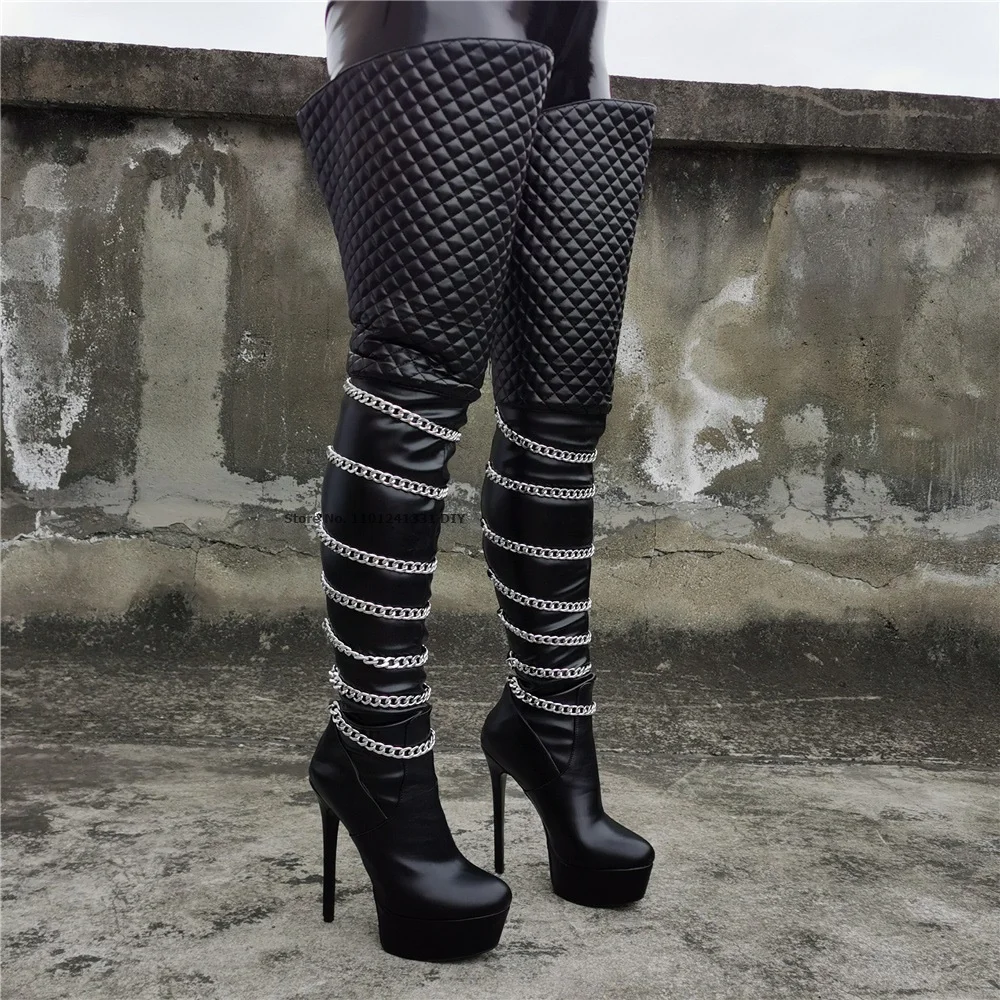 Women Black Leather Over The Knee Long Boots Winter Thick Platform Thin High Heel Gladiator Booties With Chains