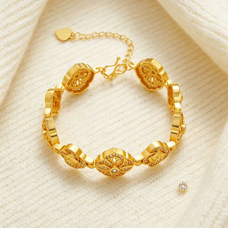 Luxury 24K 9999 Pure Gold real gold Women's Octagonal Window Flower Bracelet Hollow Geometric Flower Bracelet