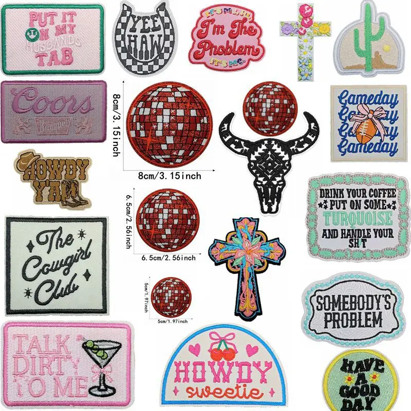 

Cross Howdy Gameday Drink Rectangle Iron-on Sew Embroidery Badge Patches for DIY T-shirt Hat Backpack Clothing Appliques Sticker