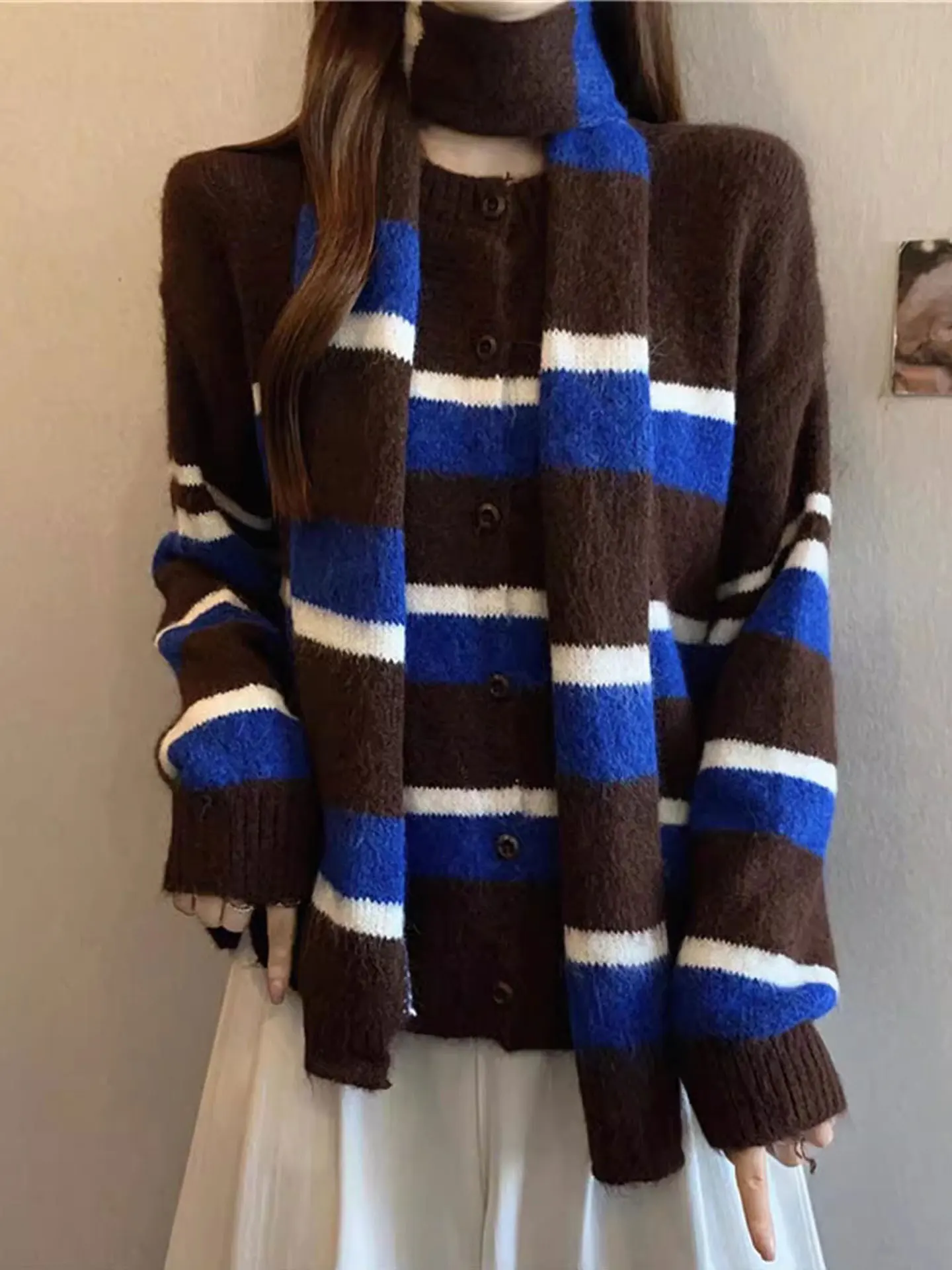 

Женский вязаный длинный кардиган-свитер-свитер с шарфом в полоску, повседневный свободный крой, осень-зима, большие размеры, модный топ