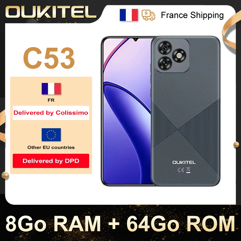 OUKITEL C53 unlocked mobile Phone 2024-Android Smartphone 14, 8go RAM + 64Go ROM/TF 1To, phone screen, 43 Battery