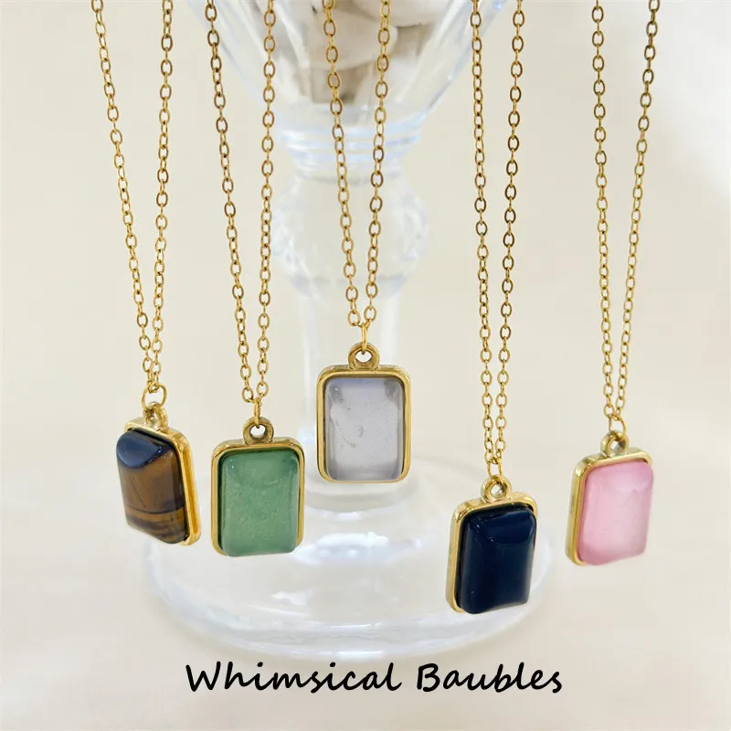 

Fashion Simple Square Pendant Necklace, Natural Stone Inlaid, Stainless Steel Necklace for Women, Simple Style Daily Cas