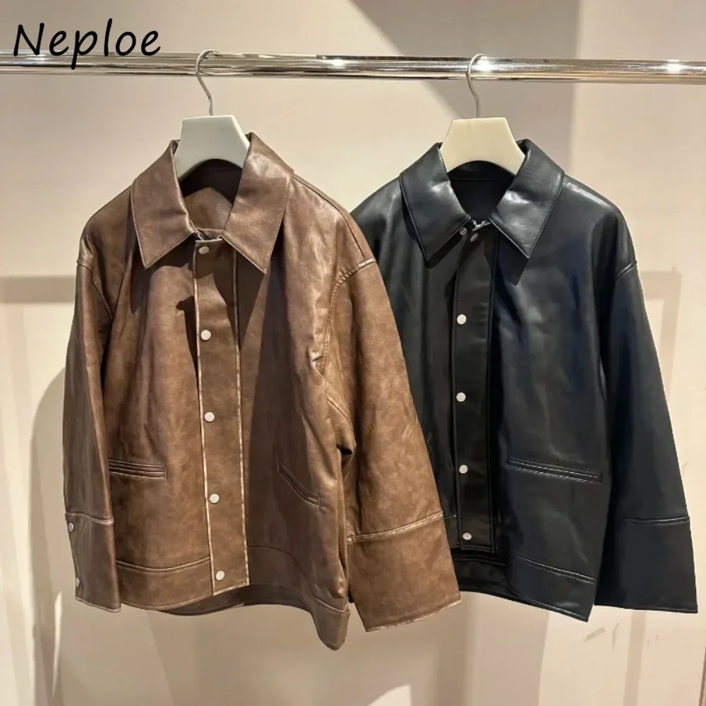 Neploe Cruel Harajuku Streetwear Moto Faux Leather Imitation Personalized Commuter Simple Jacket Japan Casual Loose Soft Tops