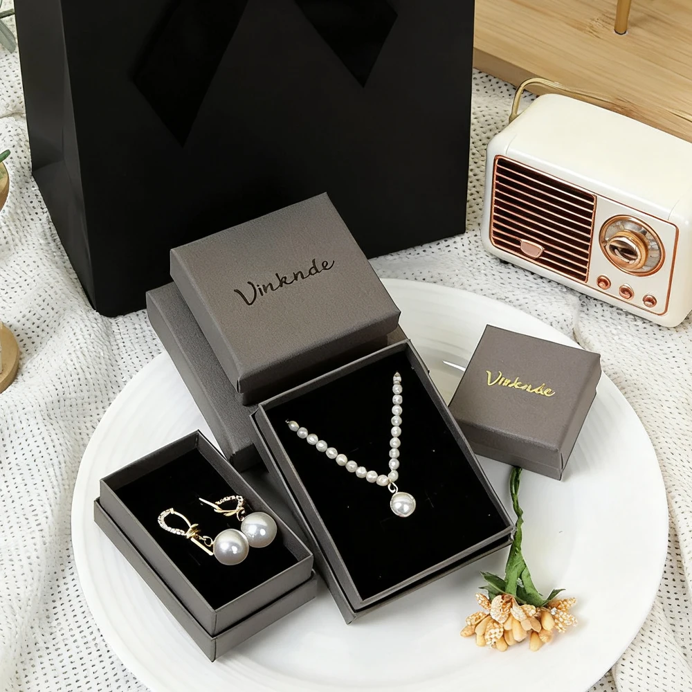 

100PC Personalized Logo Grey Jewelry Kraft Box Wedding Favor Gift Packaging Ring Earring Necklace Organizer Pendant Bracelet Box
