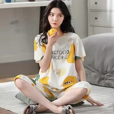 

Women's Summer Imitation Cotton Short Sleeve Pajamas with Capri Pants Home Wear Summer Thin Casual Cartoon Plus Size Pajama Set