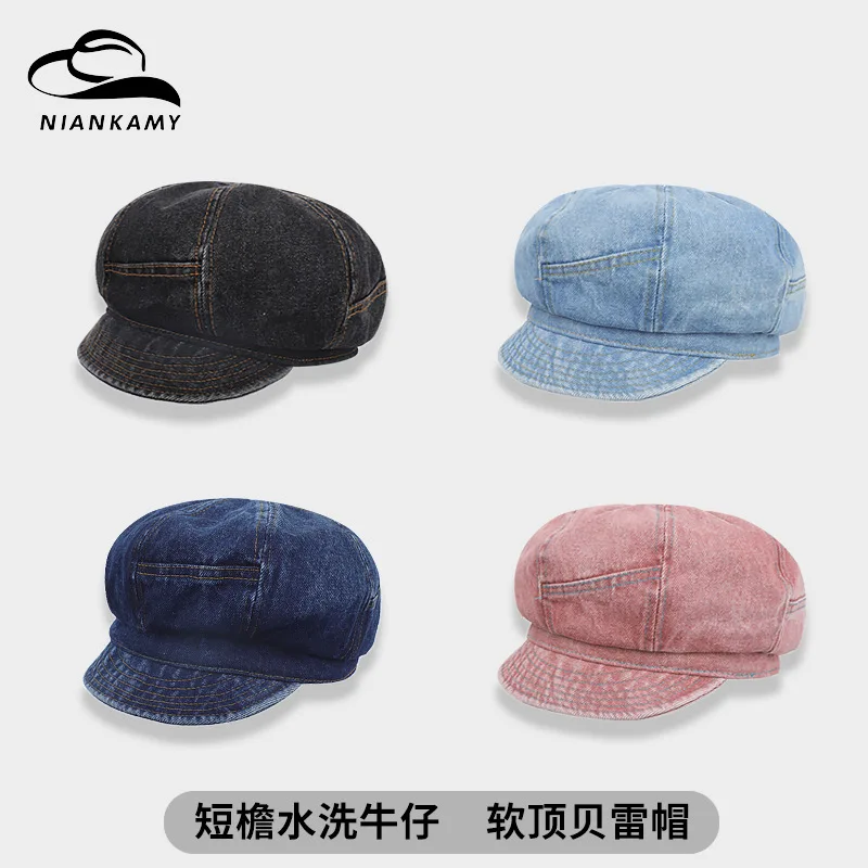 Women Spring Summer New Vintage Denim Cloud Beret Simple Newsboy Cap Thin Octagonal Hat EU US